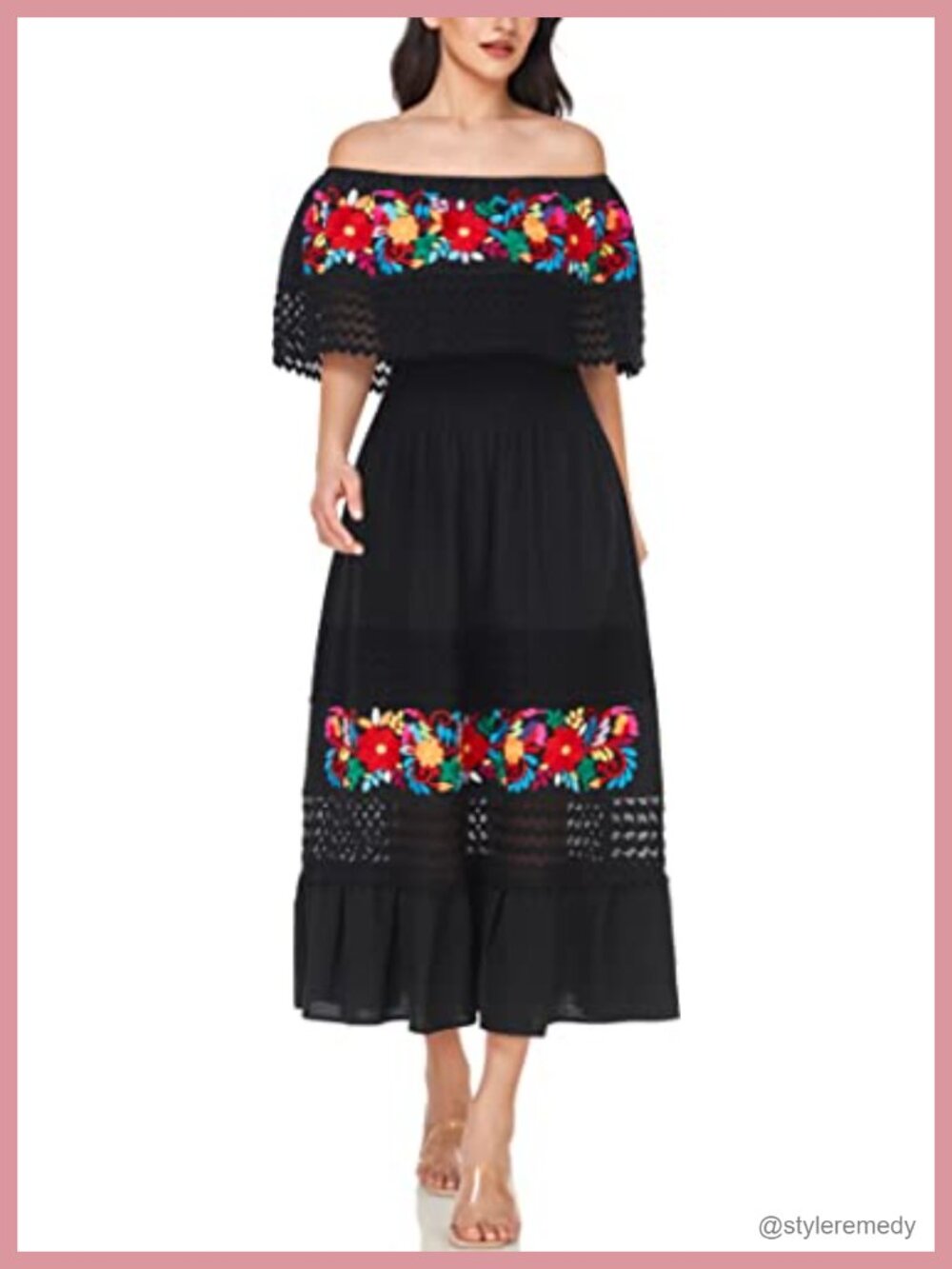 Women Embroidered Off-Shoulder Mexican Peasant Dress Cotton Floral Fiesta Maxi